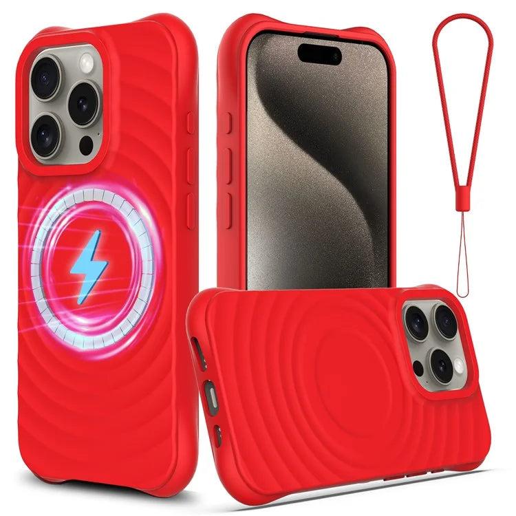 For iPhone 15 Pro Max Magnetic Case Textured Liquid Silicone Phone Cover with Strap