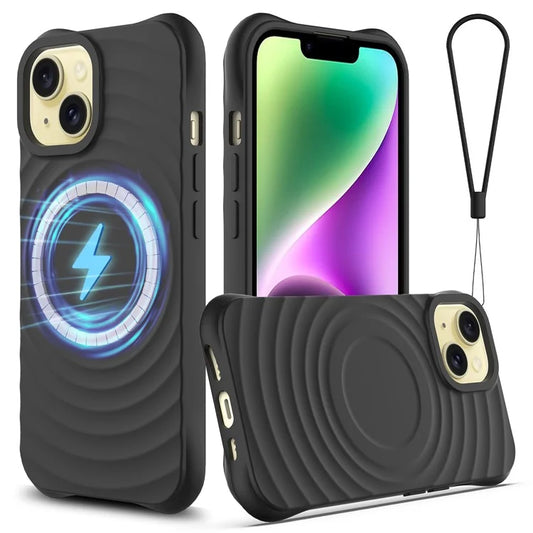 For iPhone 14 Plus Magnetic Phone Case Water Ripple Texture Liquid Silicone Shell with Hand Strap