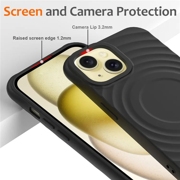 For iPhone 14 Plus Magnetic Phone Case Water Ripple Texture Liquid Silicone Shell with Hand Strap