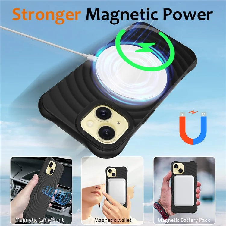 For iPhone 14 Plus Magnetic Phone Case Water Ripple Texture Liquid Silicone Shell with Hand Strap
