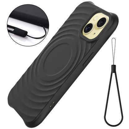 For iPhone 14 Plus Magnetic Phone Case Water Ripple Texture Liquid Silicone Shell with Hand Strap