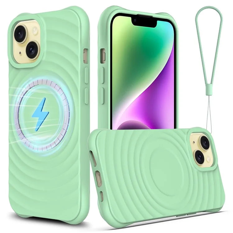For iPhone 14 Plus Magnetic Phone Case Water Ripple Texture Liquid Silicone Shell with Hand Strap