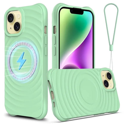 For iPhone 14 Plus Magnetic Phone Case Water Ripple Texture Liquid Silicone Shell with Hand Strap