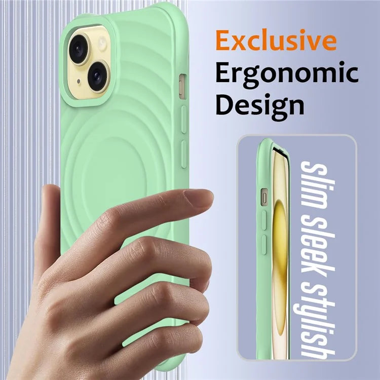 For iPhone 14 Plus Magnetic Phone Case Water Ripple Texture Liquid Silicone Shell with Hand Strap
