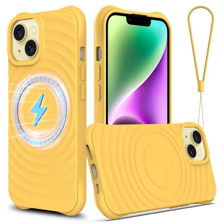For iPhone 14 Plus Magnetic Phone Case Water Ripple Texture Liquid Silicone Shell with Hand Strap