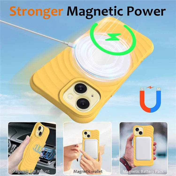 For iPhone 14 Plus Magnetic Phone Case Water Ripple Texture Liquid Silicone Shell with Hand Strap