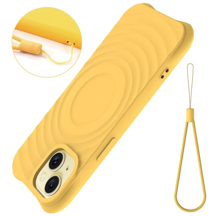 For iPhone 14 Plus Magnetic Phone Case Water Ripple Texture Liquid Silicone Shell with Hand Strap