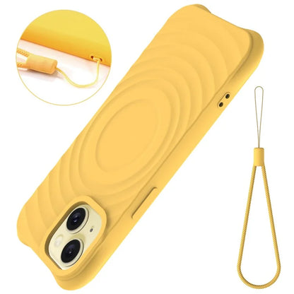 For iPhone 14 Plus Magnetic Phone Case Water Ripple Texture Liquid Silicone Shell with Hand Strap