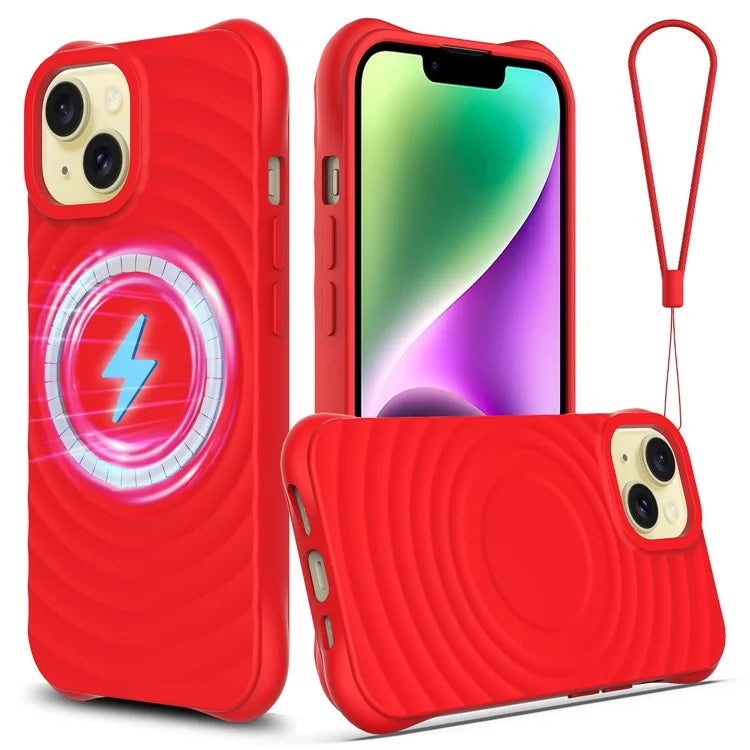 For iPhone 14 Plus Magnetic Phone Case Water Ripple Texture Liquid Silicone Shell with Hand Strap