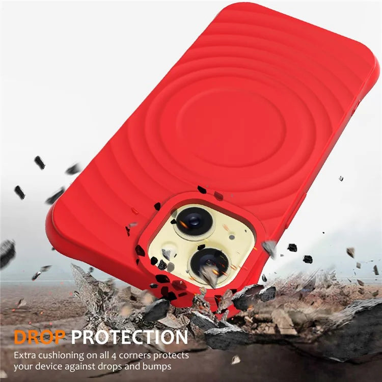 For iPhone 14 Plus Magnetic Phone Case Water Ripple Texture Liquid Silicone Shell with Hand Strap