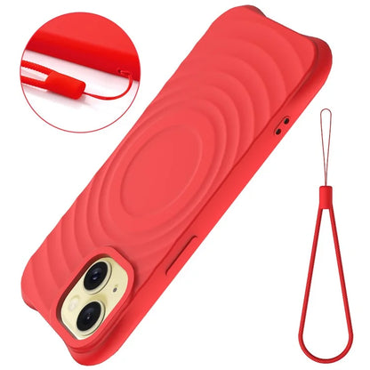 For iPhone 14 Plus Magnetic Phone Case Water Ripple Texture Liquid Silicone Shell with Hand Strap