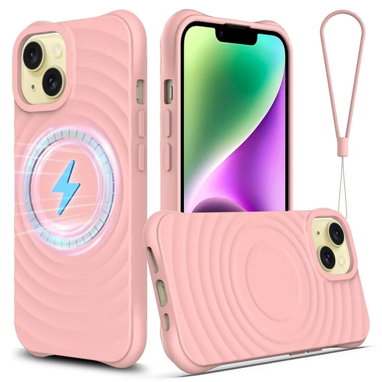 For iPhone 14 Plus Magnetic Phone Case Water Ripple Texture Liquid Silicone Shell with Hand Strap