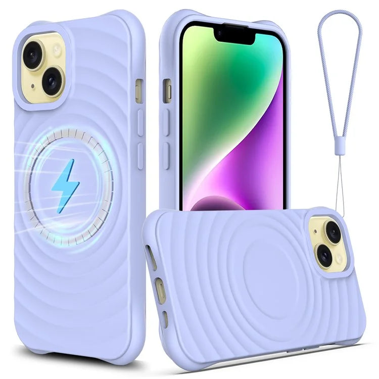 For iPhone 14 Plus Magnetic Phone Case Water Ripple Texture Liquid Silicone Shell with Hand Strap