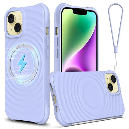 For iPhone 14 Plus Magnetic Phone Case Water Ripple Texture Liquid Silicone Shell with Hand Strap