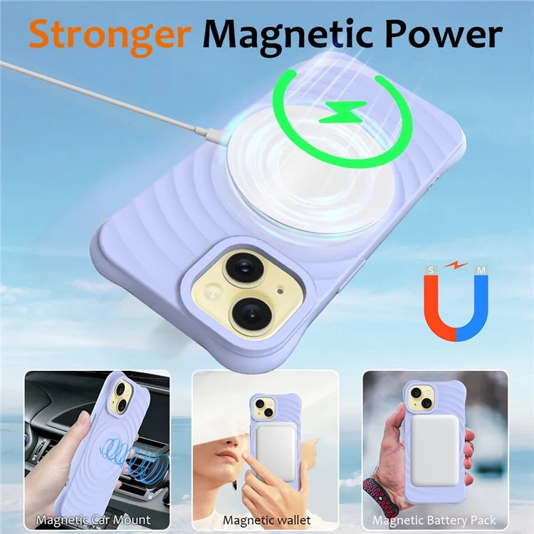 For iPhone 14 Plus Magnetic Phone Case Water Ripple Texture Liquid Silicone Shell with Hand Strap
