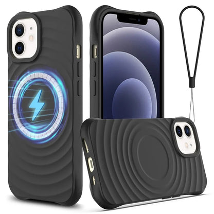 For iPhone 12 mini Magnetic Case with Strap Water Ripple Texture Liquid Silicone Phone Cover