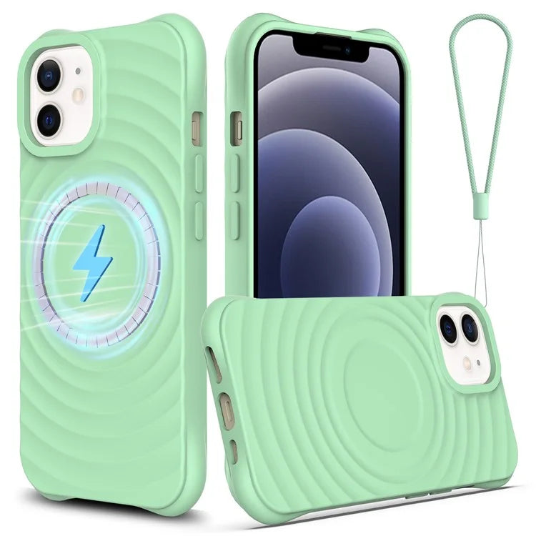 For iPhone 12 mini Magnetic Case with Strap Water Ripple Texture Liquid Silicone Phone Cover