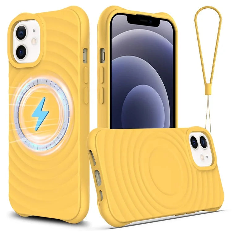 For iPhone 12 mini Magnetic Case with Strap Water Ripple Texture Liquid Silicone Phone Cover