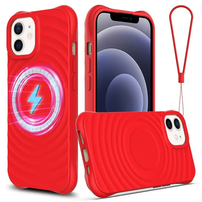 For iPhone 12 mini Magnetic Case with Strap Water Ripple Texture Liquid Silicone Phone Cover