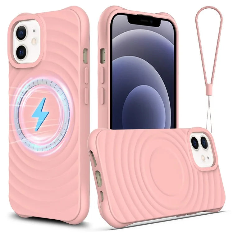 For iPhone 12 mini Magnetic Case with Strap Water Ripple Texture Liquid Silicone Phone Cover