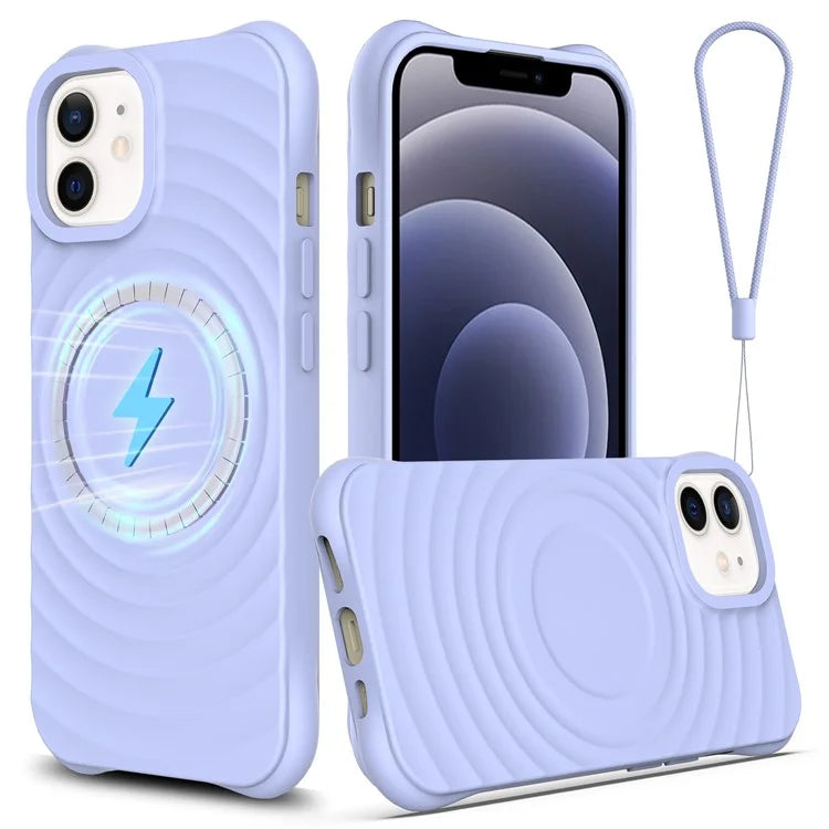For iPhone 12 mini Magnetic Case with Strap Water Ripple Texture Liquid Silicone Phone Cover