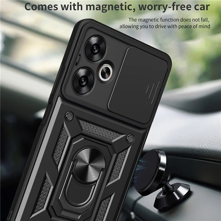 For Xiaomi Redmi 13C 5G / 13R 5G / Poco M6 5G Case with Slide Camera Cover Kickstand PC+TPU Phone Back Shell