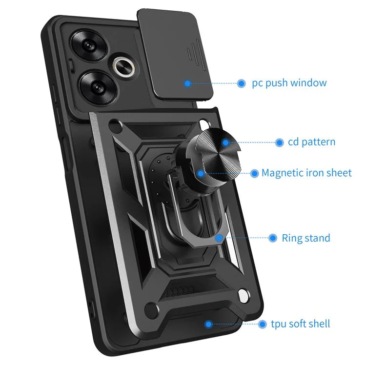 For Xiaomi Redmi 13C 5G / 13R 5G / Poco M6 5G Case with Slide Camera Cover Kickstand PC+TPU Phone Back Shell
