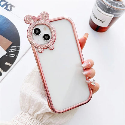 For iPhone 14 Case Rhinestone Decor Bowknot Camera Frame Electroplated TPU Cover