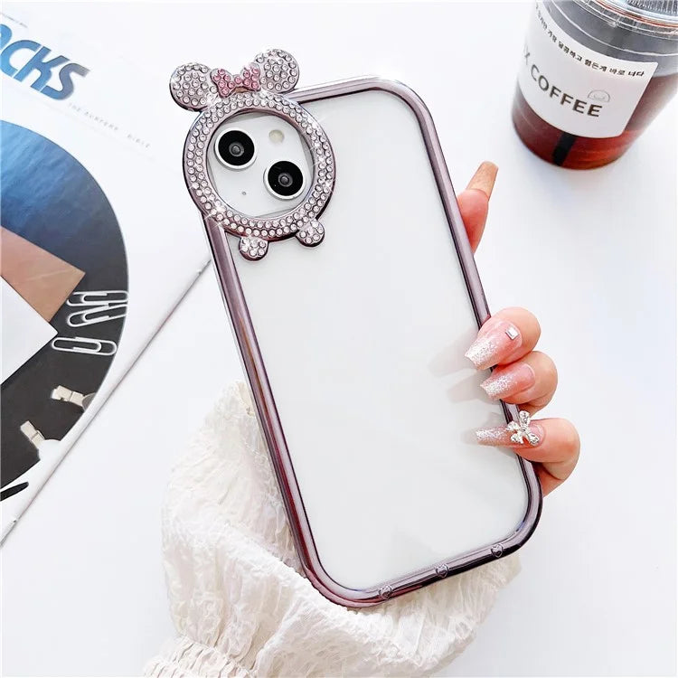 For iPhone 14 Case Rhinestone Decor Bowknot Camera Frame Electroplated TPU Cover