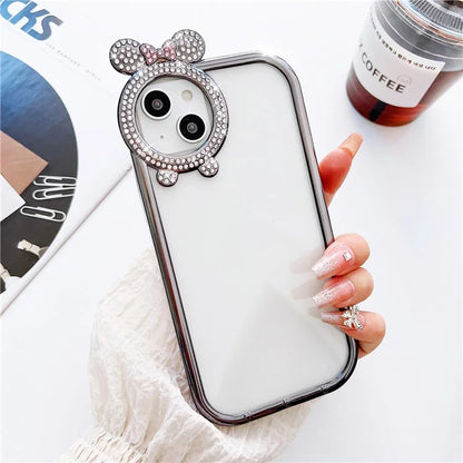 For iPhone 14 Case Rhinestone Decor Bowknot Camera Frame Electroplated TPU Cover