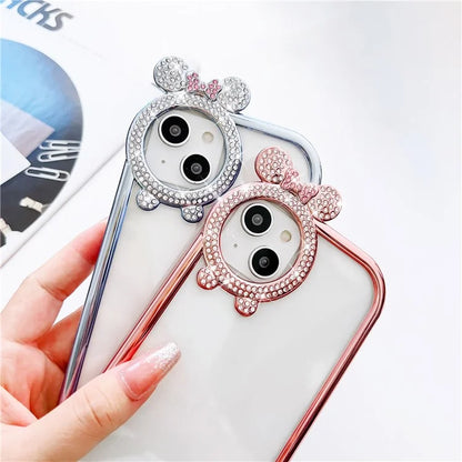 For iPhone 14 Case Rhinestone Decor Bowknot Camera Frame Electroplated TPU Cover