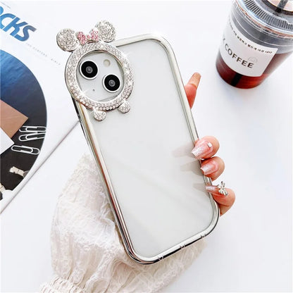 For iPhone 14 Case Rhinestone Decor Bowknot Camera Frame Electroplated TPU Cover