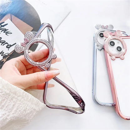 For iPhone 14 Case Rhinestone Decor Bowknot Camera Frame Electroplated TPU Cover