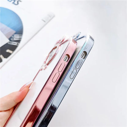 For iPhone 14 Case Rhinestone Decor Bowknot Camera Frame Electroplated TPU Cover