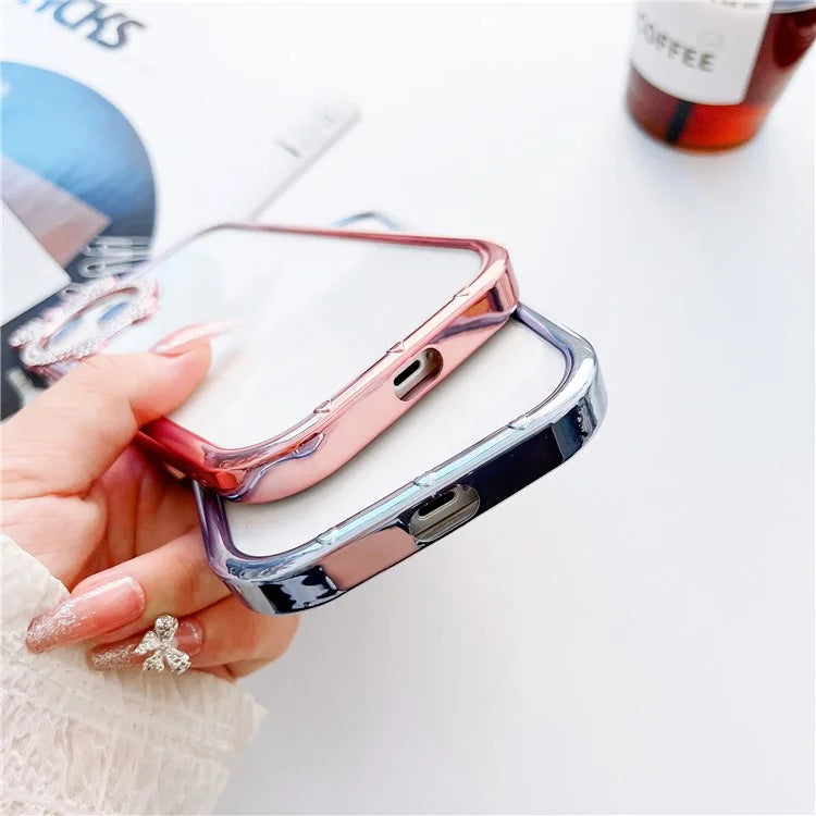 For iPhone 14 Case Rhinestone Decor Bowknot Camera Frame Electroplated TPU Cover