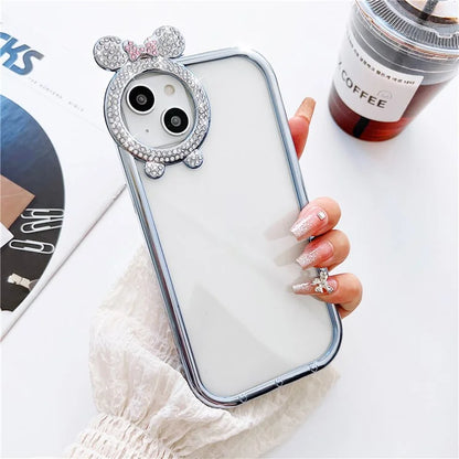For iPhone 14 Case Rhinestone Decor Bowknot Camera Frame Electroplated TPU Cover