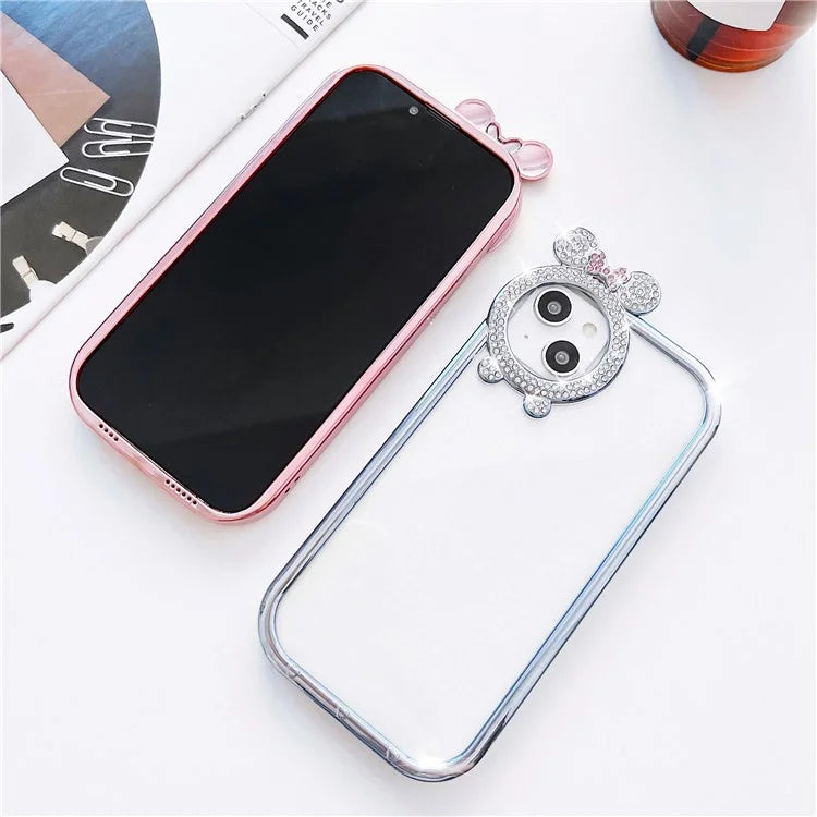For iPhone 14 Case Rhinestone Decor Bowknot Camera Frame Electroplated TPU Cover