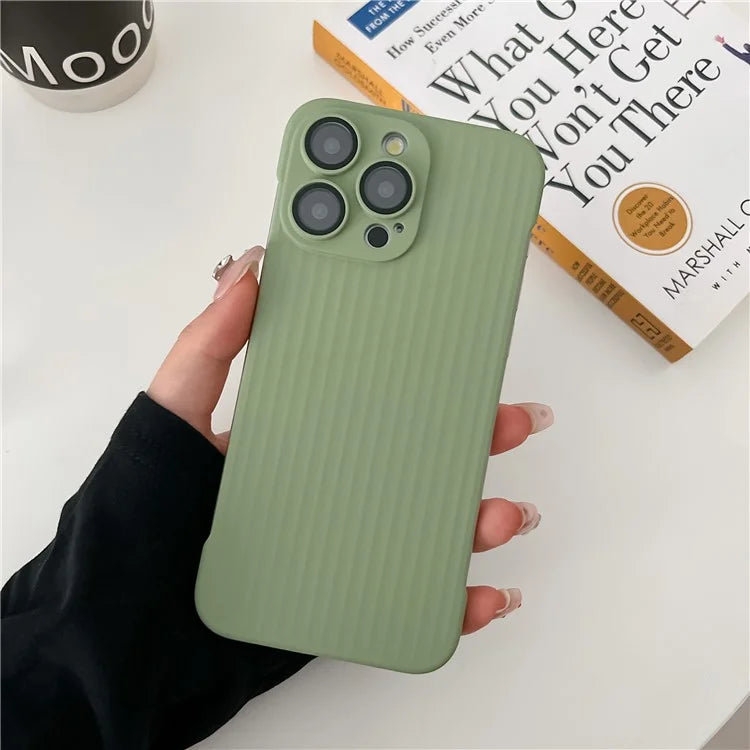 For iPhone 13 Pro Frameless Case Corrugated Design Rubberized PC Phone Cover with Lens Film