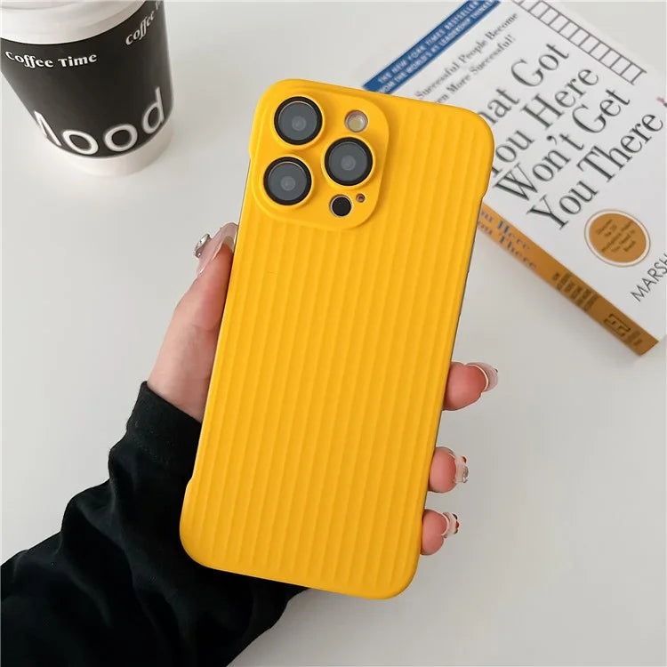 For iPhone 13 Pro Frameless Case Corrugated Design Rubberized PC Phone Cover with Lens Film