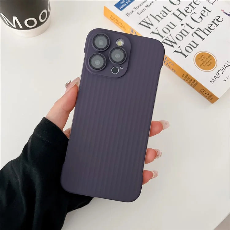 For iPhone 13 Pro Frameless Case Corrugated Design Rubberized PC Phone Cover with Lens Film