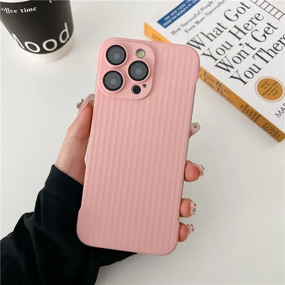 For iPhone 13 Pro Frameless Case Corrugated Design Rubberized PC Phone Cover with Lens Film