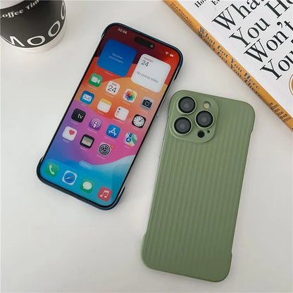 For iPhone 15 Pro Max Shockproof Case Corrugated Design Frameless PC Phone Cover with Lens Film
