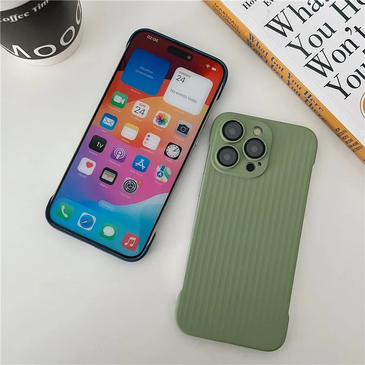 For iPhone 15 Pro Max Shockproof Case Corrugated Design Frameless PC Phone Cover with Lens Film