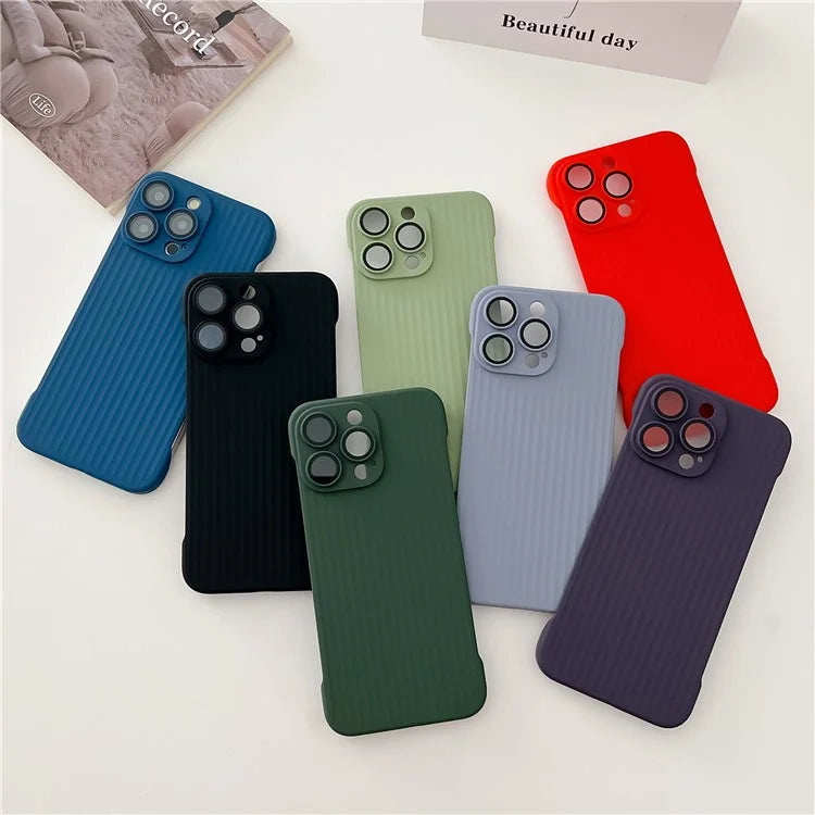 For iPhone 15 Pro Max Shockproof Case Corrugated Design Frameless PC Phone Cover with Lens Film