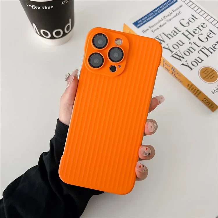 For iPhone 15 Pro Max Shockproof Case Corrugated Design Frameless PC Phone Cover with Lens Film