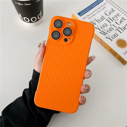 For iPhone 15 Pro Max Shockproof Case Corrugated Design Frameless PC Phone Cover with Lens Film