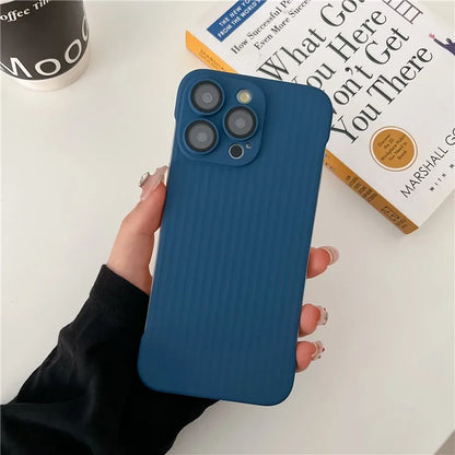 For iPhone 15 Pro Max Shockproof Case Corrugated Design Frameless PC Phone Cover with Lens Film