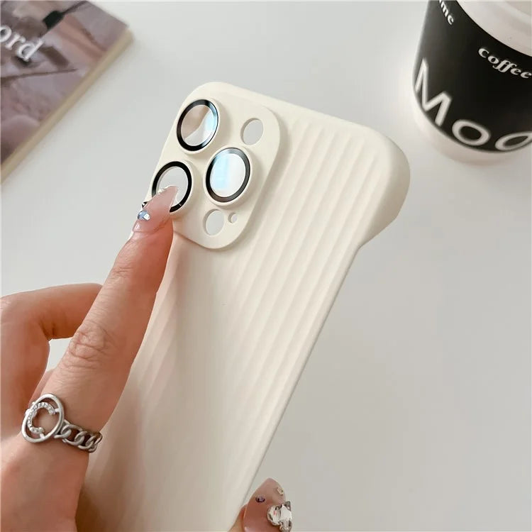For iPhone 15 Pro Max Shockproof Case Corrugated Design Frameless PC Phone Cover with Lens Film