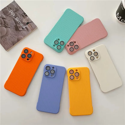 For iPhone 15 Pro Max Shockproof Case Corrugated Design Frameless PC Phone Cover with Lens Film