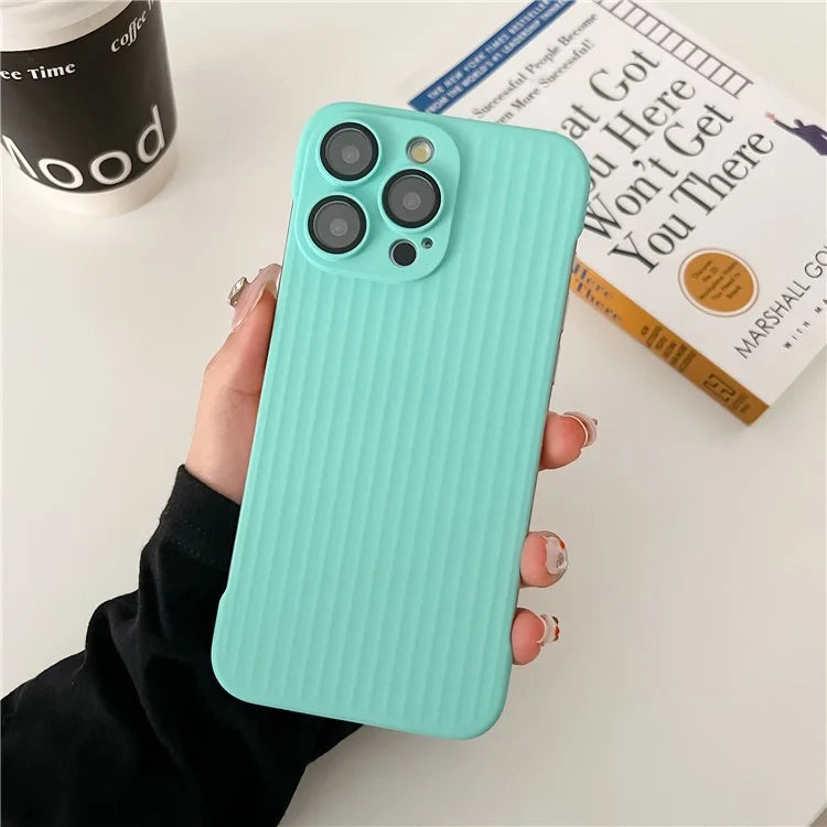 For iPhone 15 Pro Max Shockproof Case Corrugated Design Frameless PC Phone Cover with Lens Film